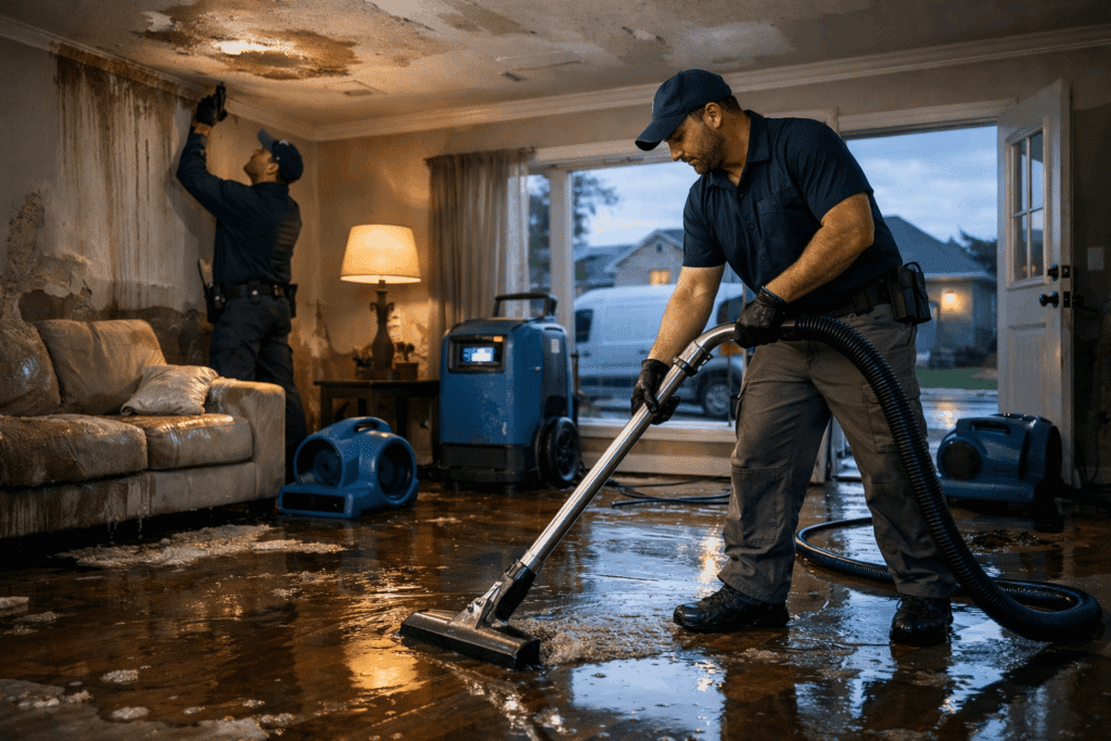 Emergency water damage restoration technicians extracting floodwater inside a flooded Fort Worth home using industrial drying equipment.