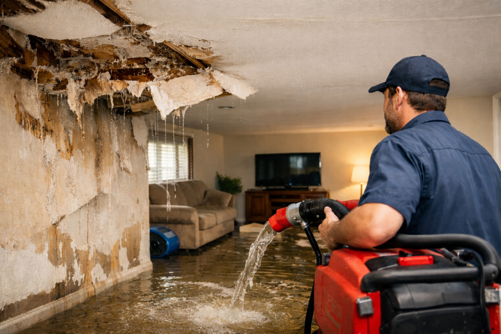 Water damage restoration technician operating a commercial water extraction machine inside a flooded living room with severe ceiling and wall damage. Standing water covers the floor while restoration equipment is used to remove excess moisture.