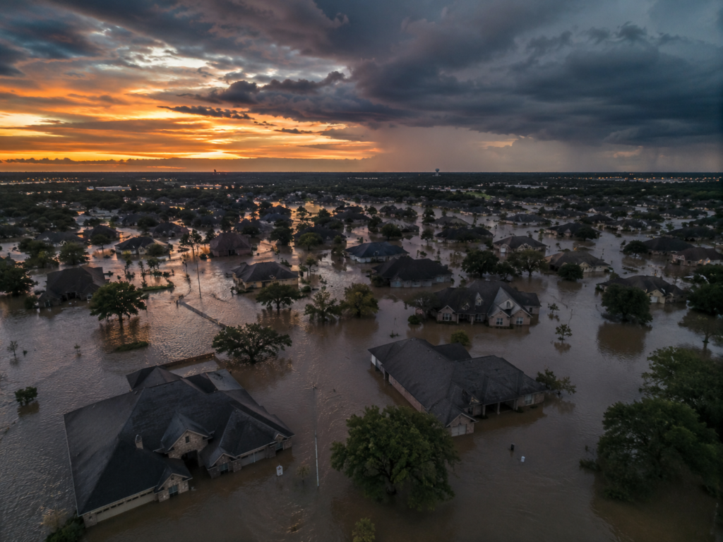 Aerial view of a Texas residential neighborhood flooded with murky brown water at dusk, with submerged streets, surrounded homes, and dramatic storm clouds illuminated by orange and gray sunset tones.