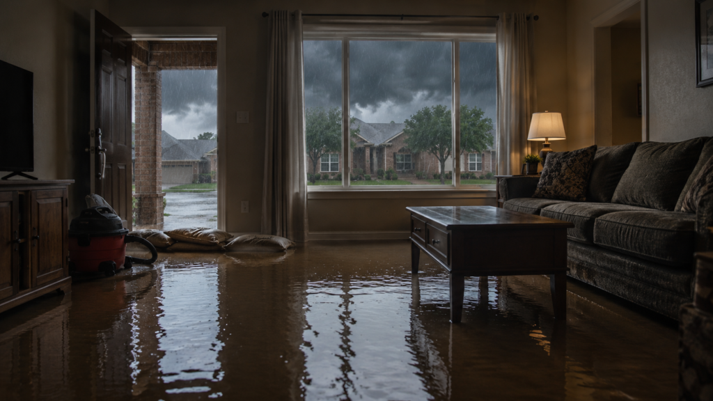 A residential living room in Texas with shallow floodwater covering the hardwood floor, reflecting warm interior light. A wet-dry vacuum and sandbags sit near the doorway while heavy rain and dark storm clouds are visible outside.