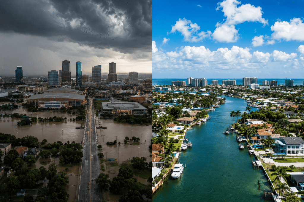 Split-screen aerial view showing flooded streets and storm clouds over downtown Fort Worth, Texas on the left, contrasted with a sunny Florida coastal canal community featuring waterfront homes, boats, and clear blue skies on the right.